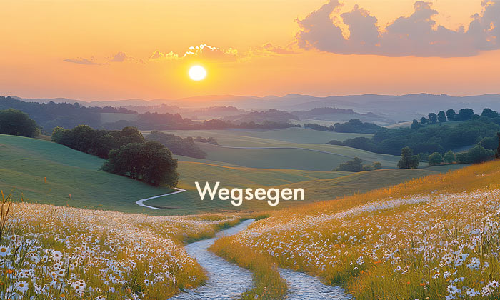 hellgelbe Schrift Wegsegen - im Hintergrund kurvenreicher Weg durch hügelige Landschaft