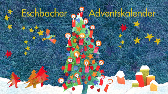 zur Themenseite Eschbacher Adventskalender gelbe Schrift Eschbacher Adventskalender - im Hintergrund eine Illustration eines Weihnachtsbaums