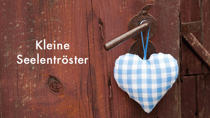 zur Themenseite Kleine Seelentröster weiße Schrift Kleine Seelentröster - im Hintergrund ein Stoffherz hängend an einer alten Holztürklinke