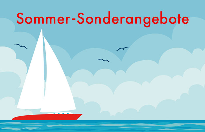 rote Schrift Sommer-Sonderangebote - im Hintergrund eine Illustration eins roten Segelschiffs mit weißen Segeln auf dem Wasser