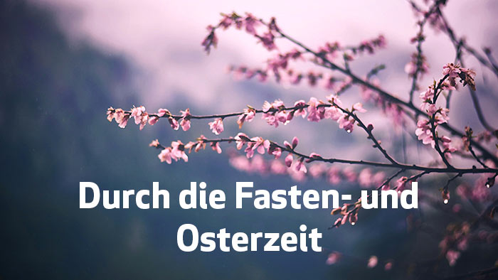 Weiße Schrift Durch die Fasten- und Osterzeit - im Hintergrund rosafarbene Kirschblüten