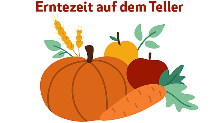 braune Schrift mit Erntezeit auf dem Teller - im Hintergrund eine Illustration von herbstlichem Gemüse