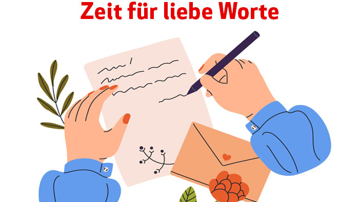 rote Schrift Zeit für liebe Worte - im Hintergrund eine Illustration einer Frau, die einen Brief schreibt